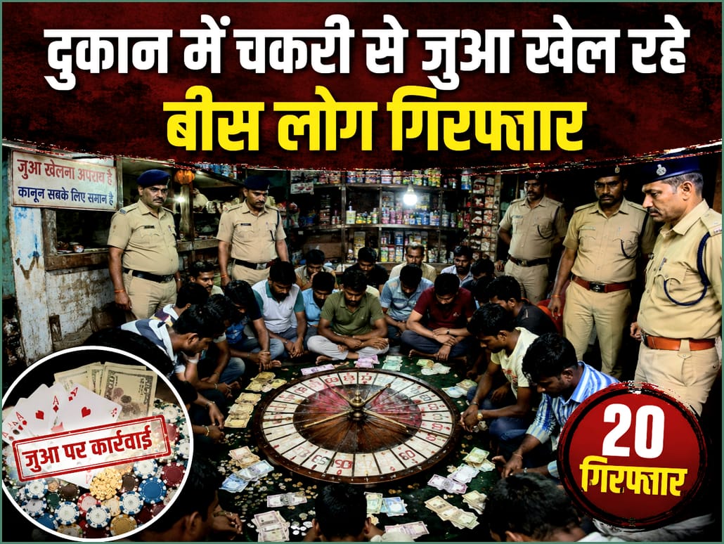 दुकान में चकरी से जुआ खेल रहे बीस लोग गिरफ्तार